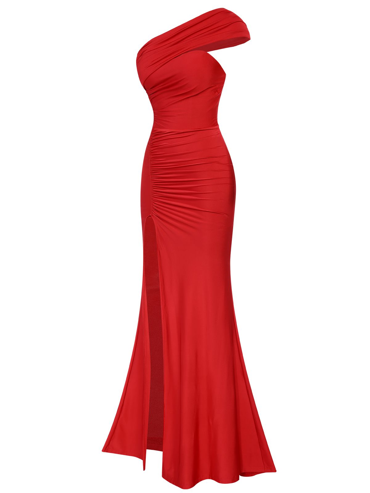 Red Solid One Shoulder Slit Dress