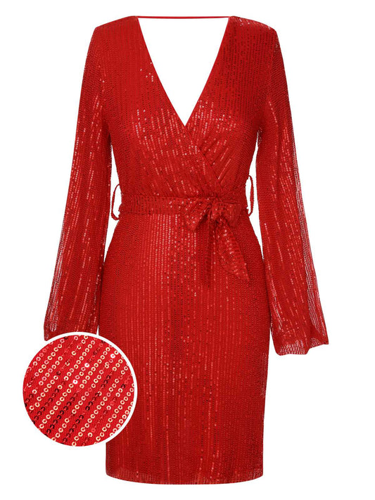 Red  Solid Sequined Lantern Long Sleeves Dress