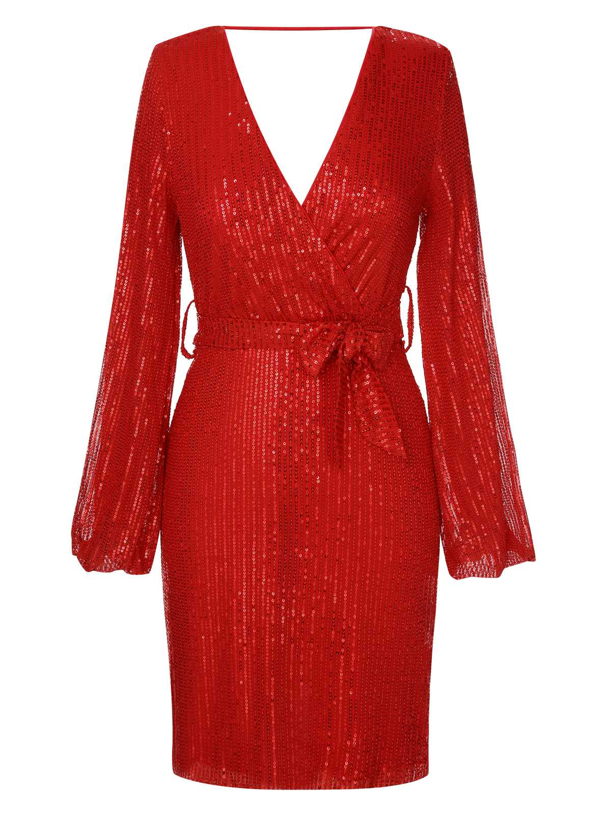 Red  Solid Sequined Lantern Long Sleeves Dress