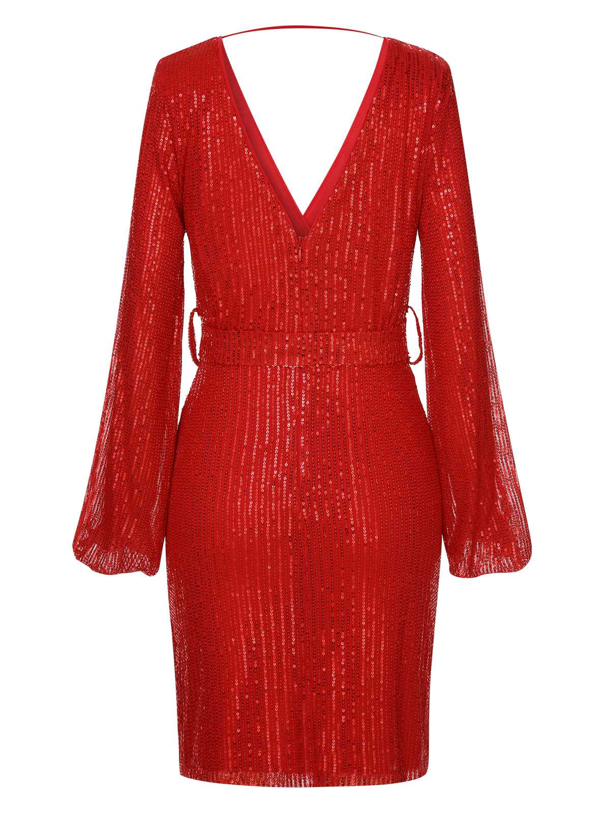 Red  Solid Sequined Lantern Long Sleeves Dress