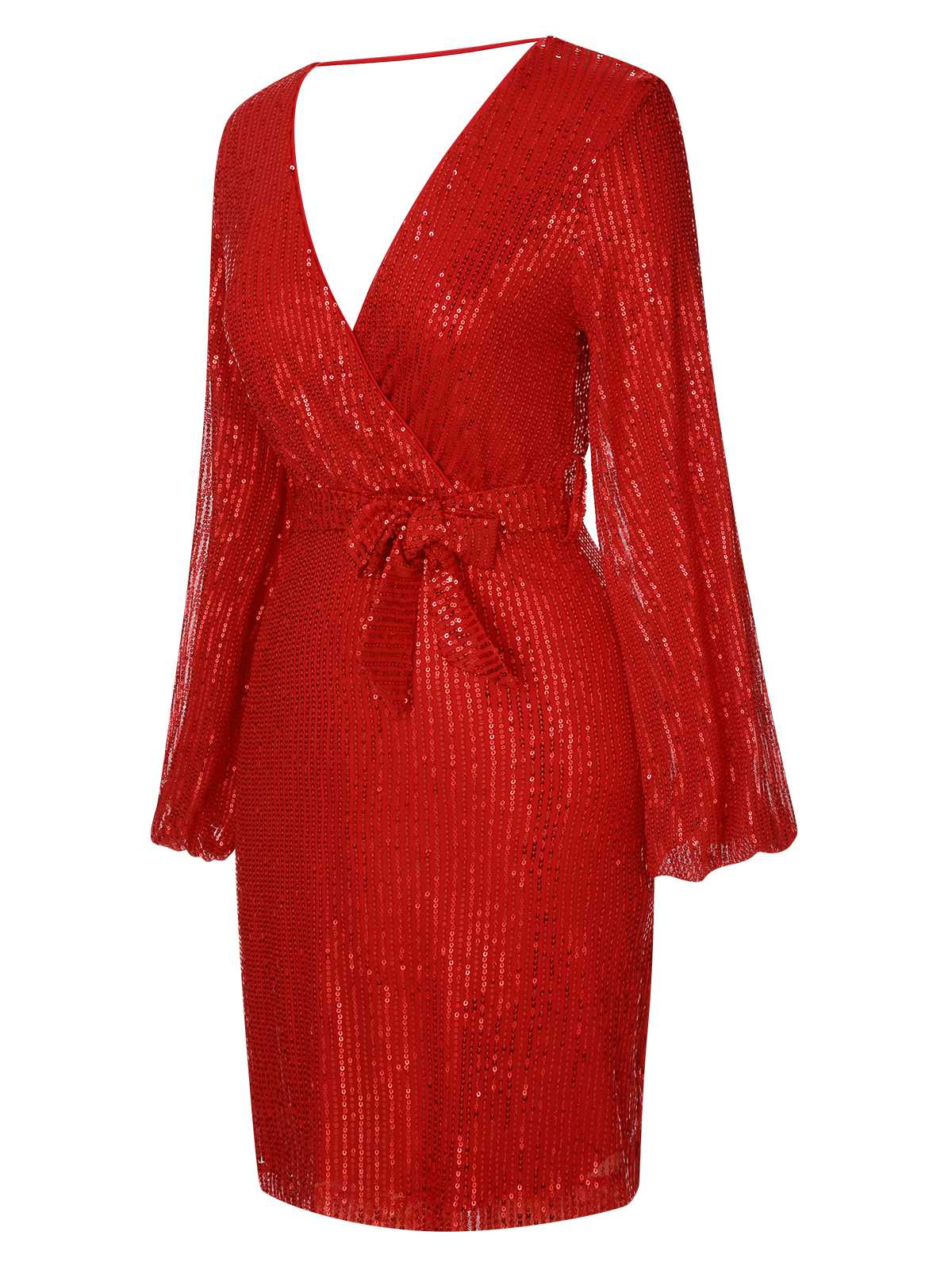 Red  Solid Sequined Lantern Long Sleeves Dress