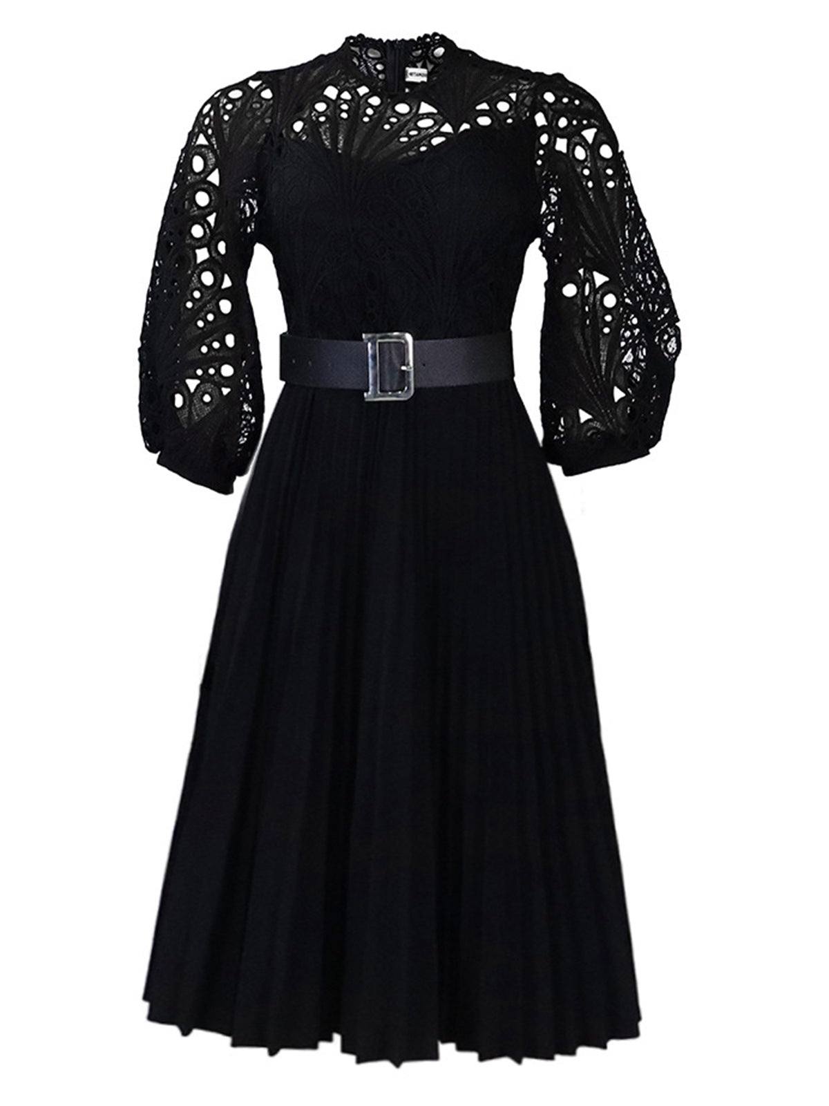 Solid Lace Crochet Pleated Belted Dress