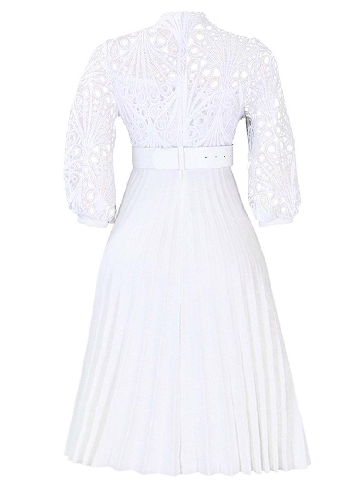 Solid Lace Crochet Pleated Belted Dress