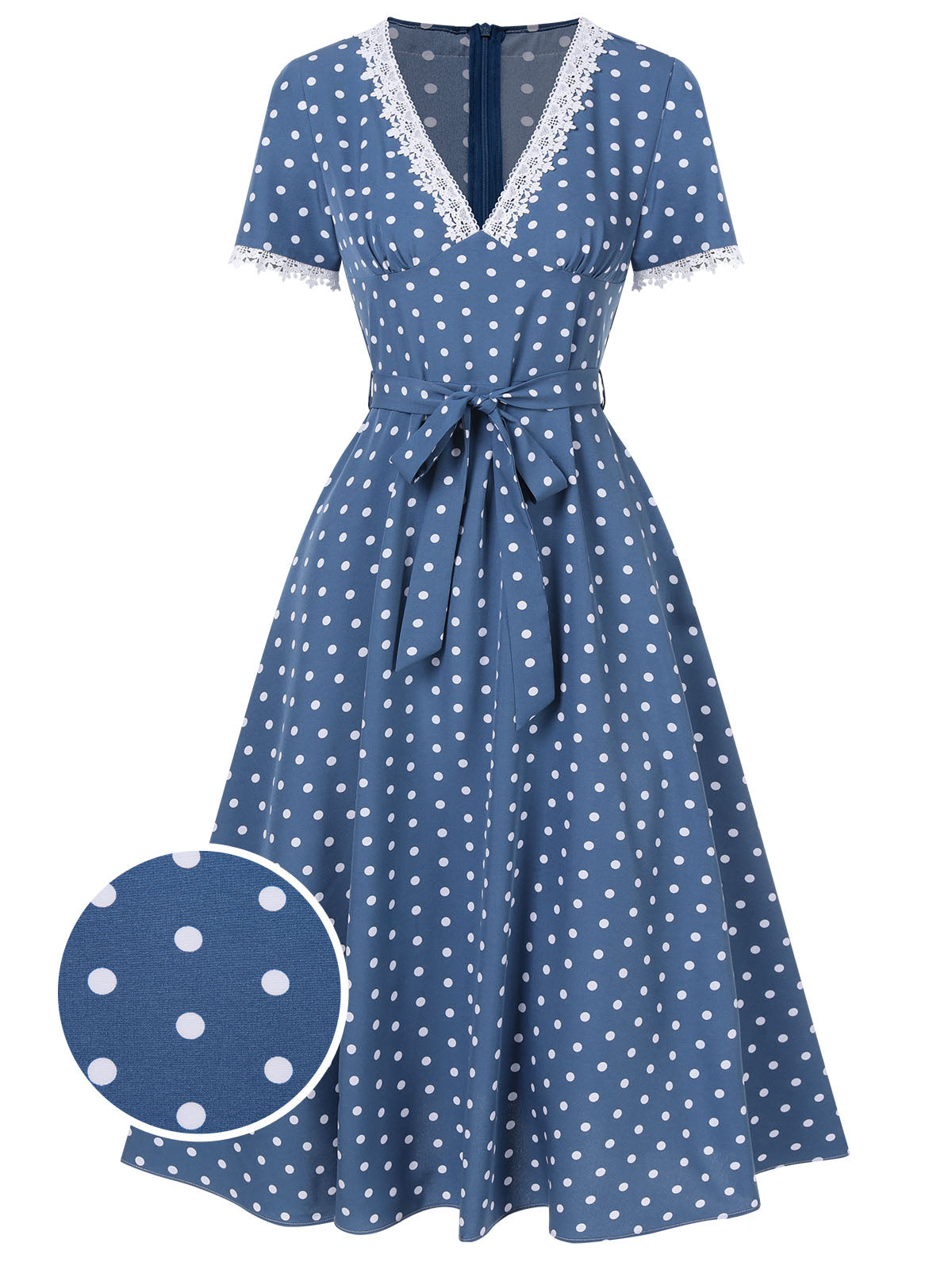 Dark Blue V-Neck Polka Dots Belted Dress