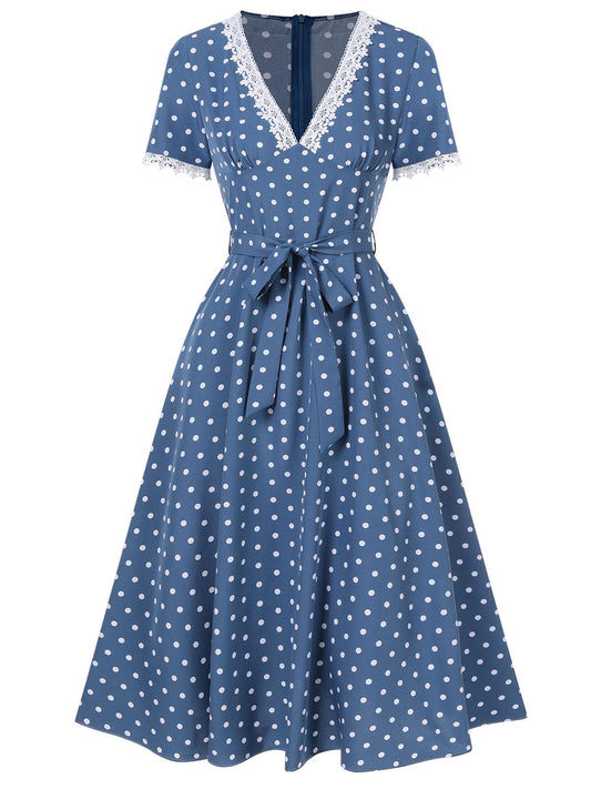 Dark Blue V-Neck Polka Dots Belted Dress