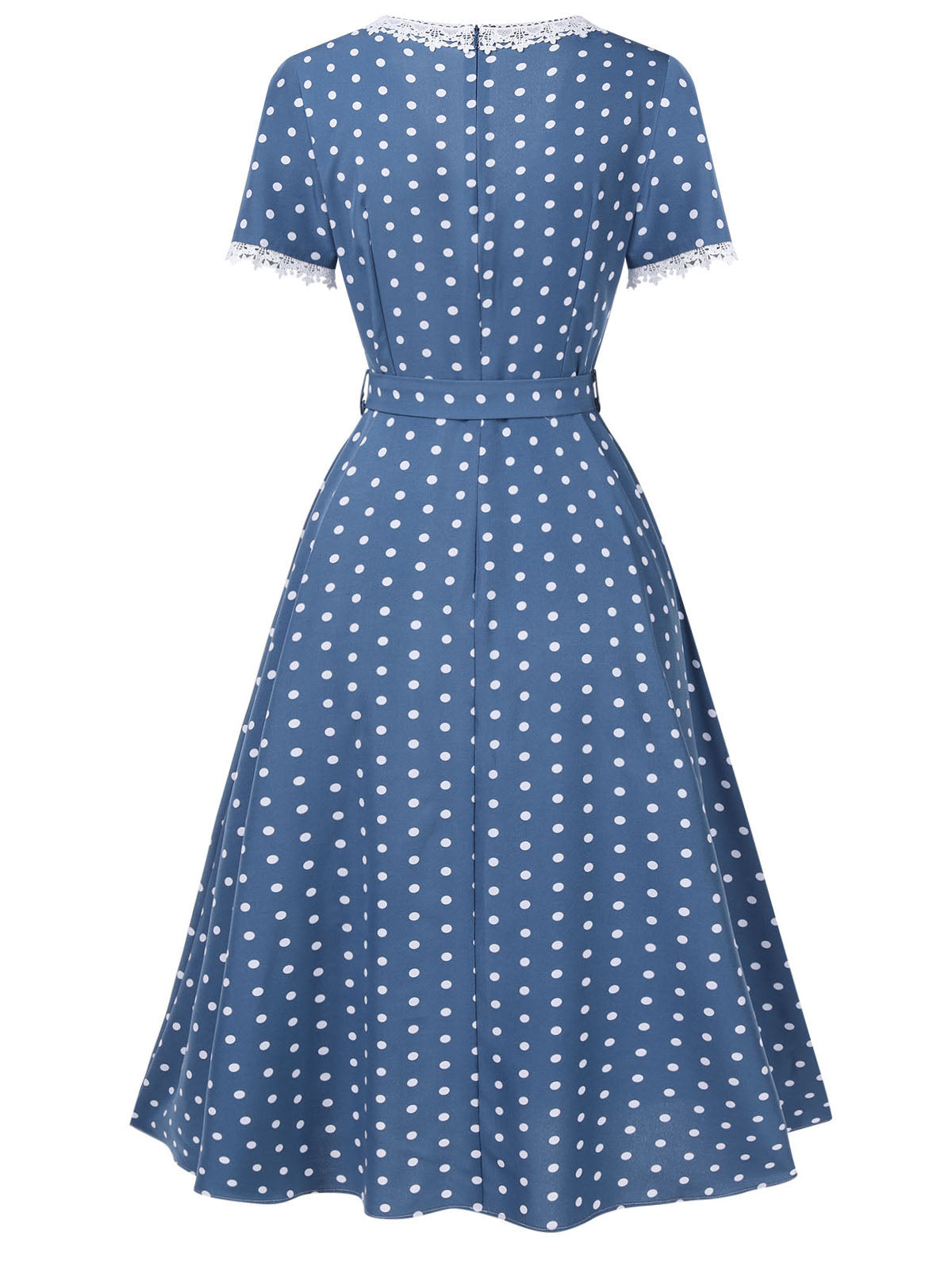 Dark Blue V-Neck Polka Dots Belted Dress