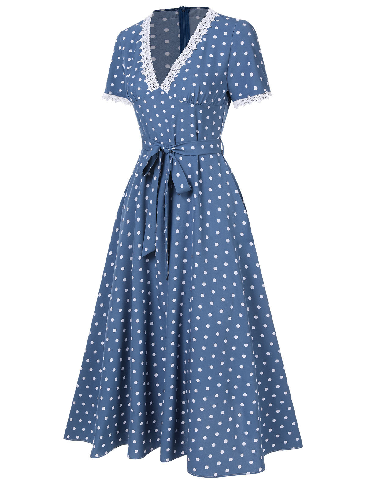 Dark Blue V-Neck Polka Dots Belted Dress