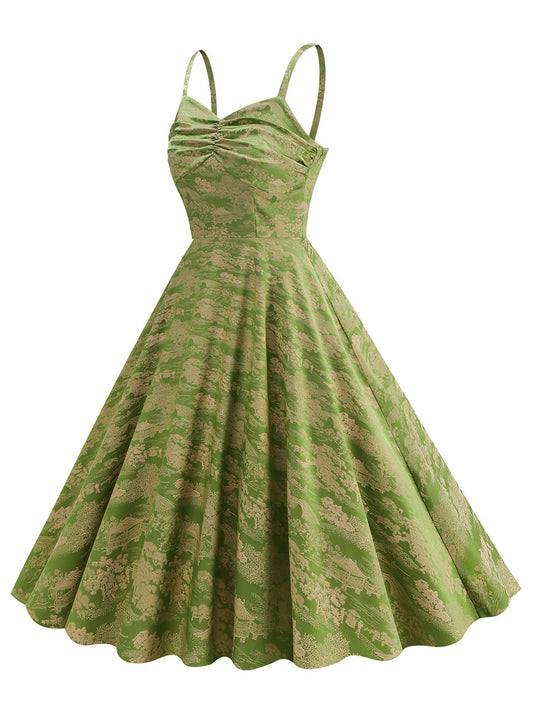 Green Floral Suspender Swing Dress