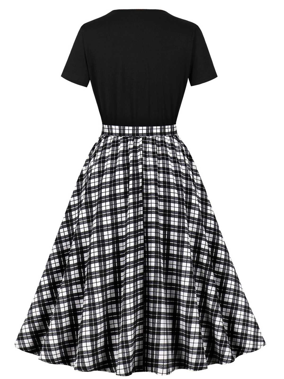 Black Crew Neck Patchwork Swing Dress