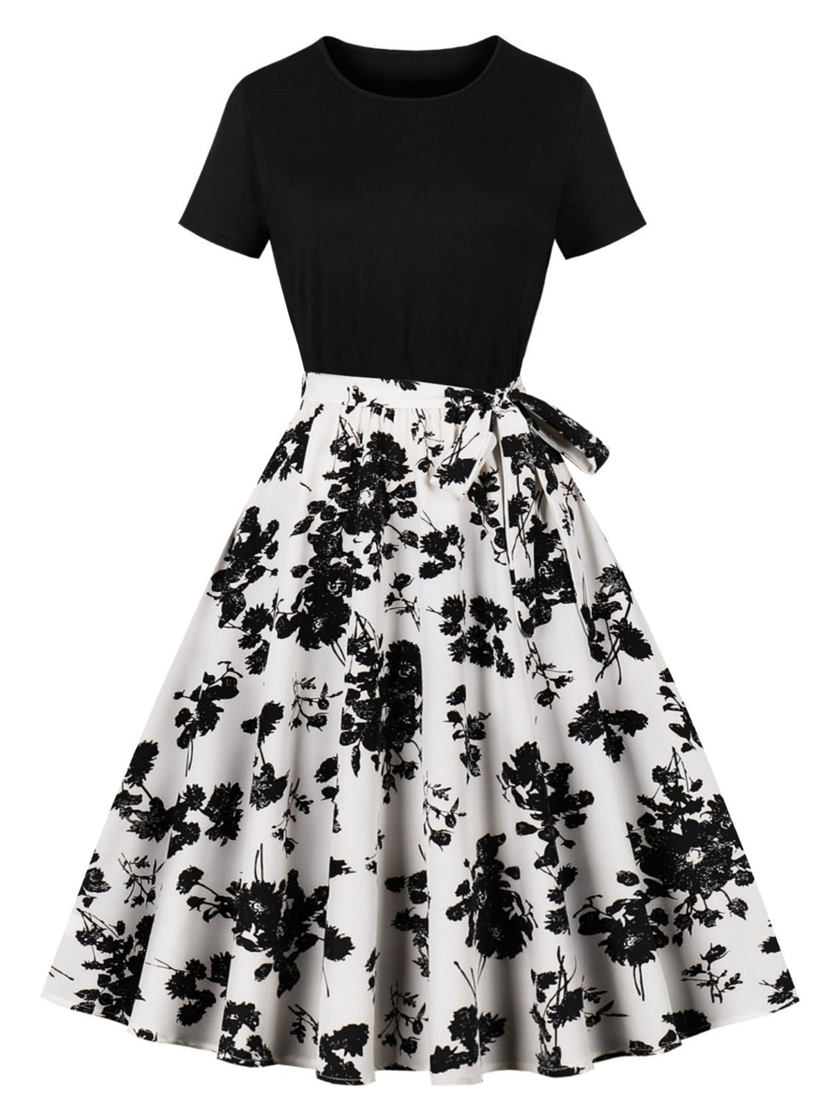 Black Crew Neck Patchwork Swing Dress