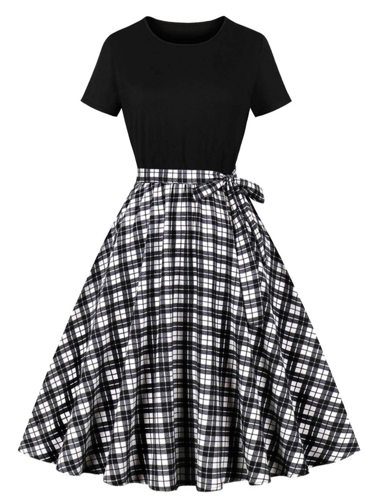 Black Crew Neck Patchwork Swing Dress