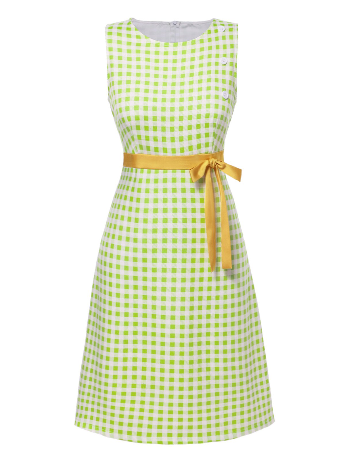 Green  Waist Tie Plaid Mod Dress