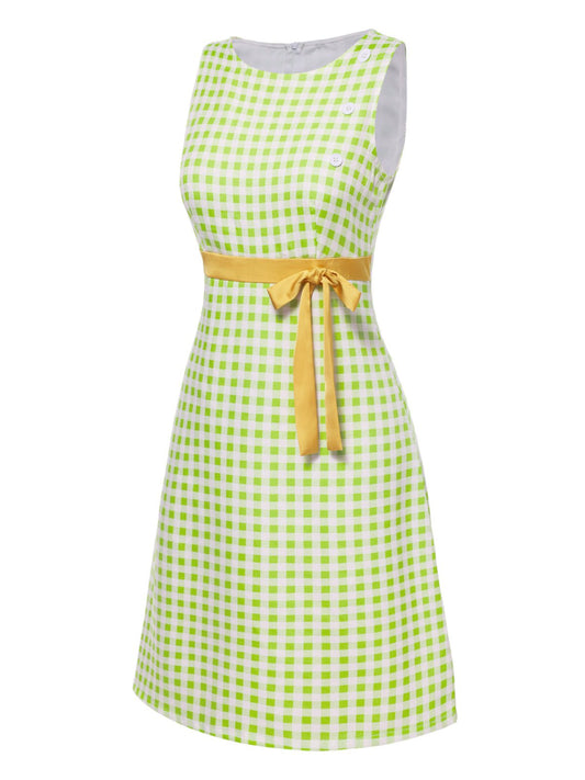 Green  Waist Tie Plaid Mod Dress