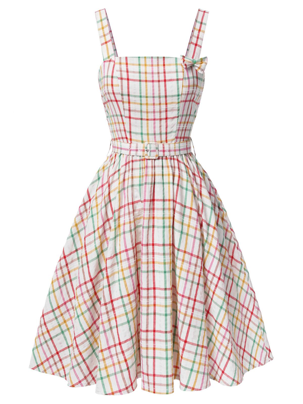 Colorful Wide Strap Bow Plaid Dress