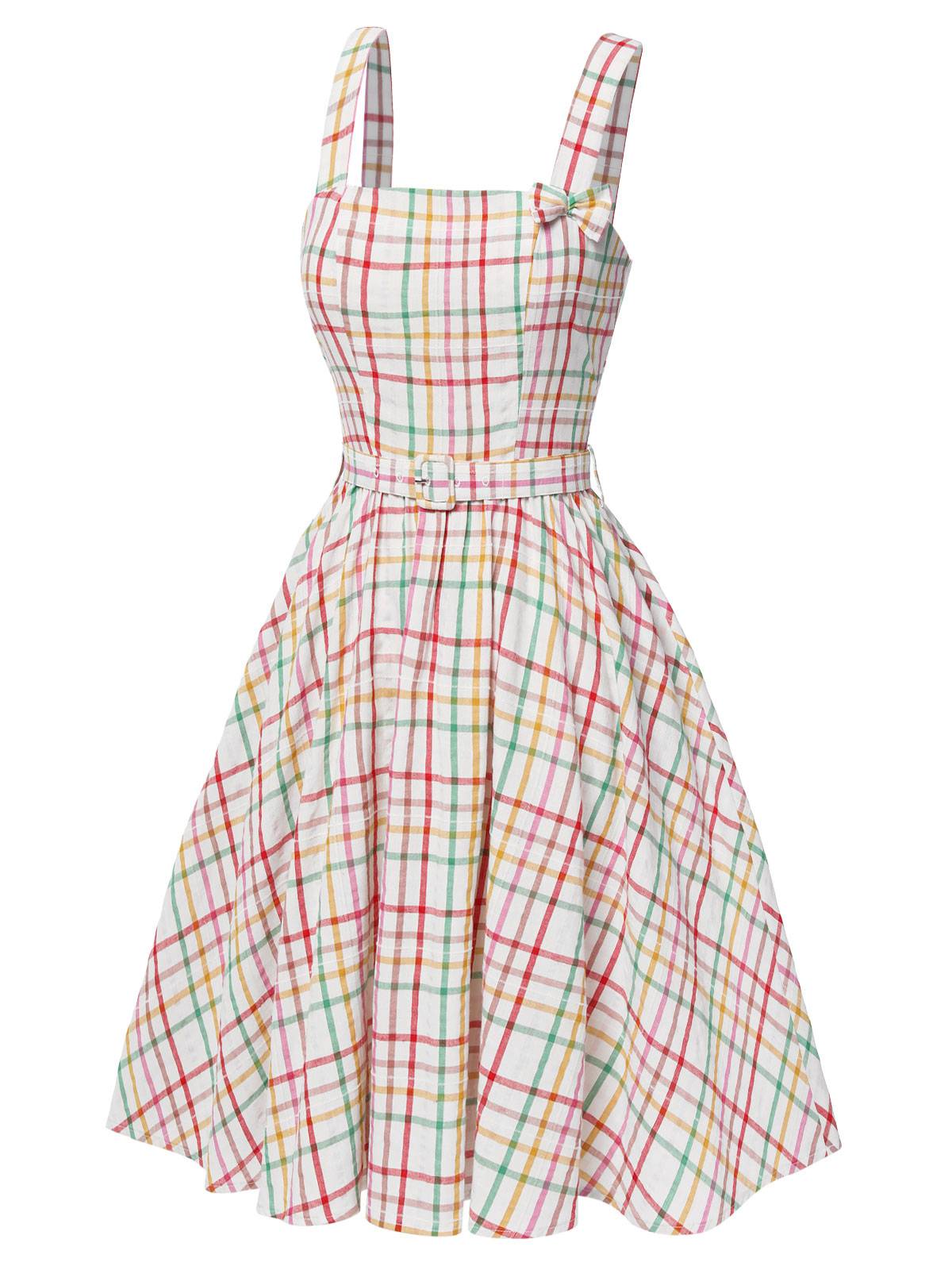 Colorful Wide Strap Bow Plaid Dress