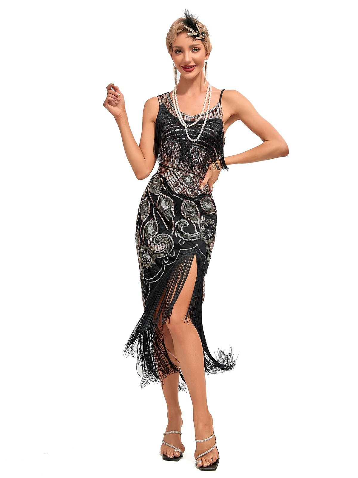 Vintage Fringe Sequined Midi Party Dress