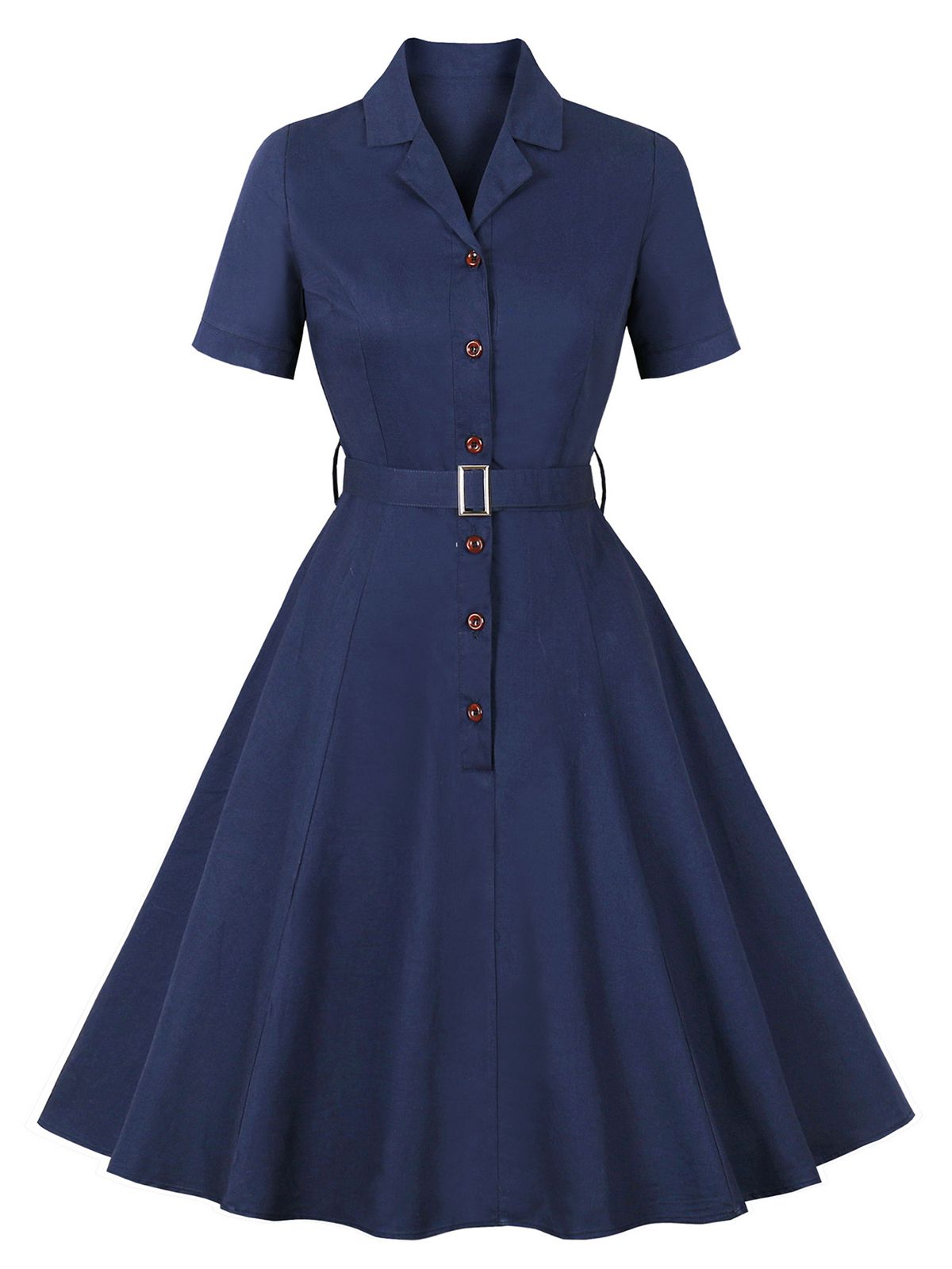 Lapel Solid Buttons Belt Dress