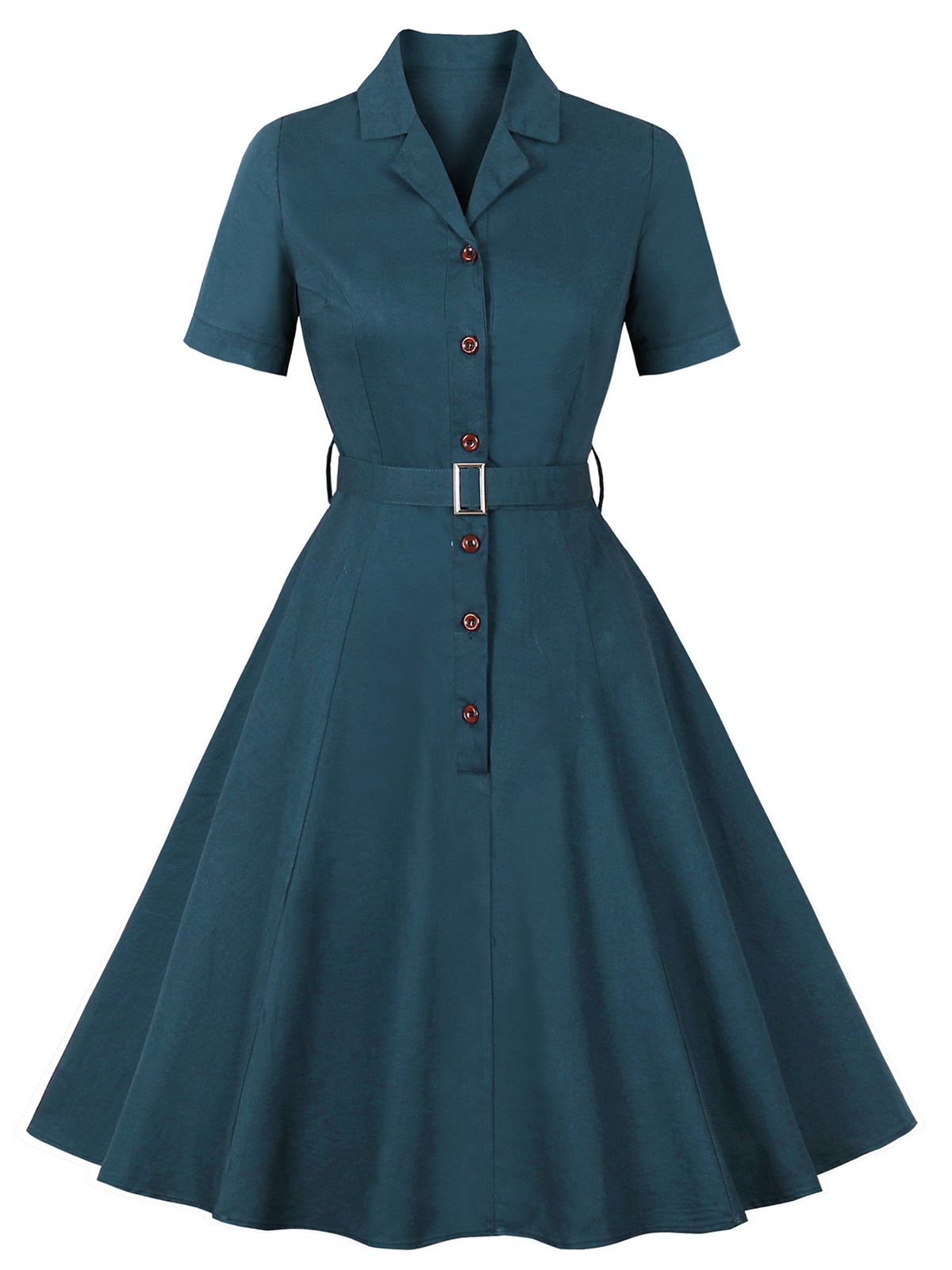 Lapel Solid Buttons Belt Dress