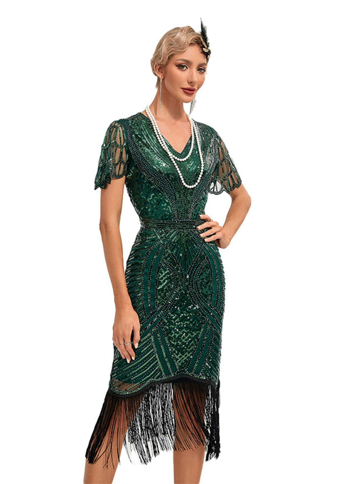 Cap Sleeves Tassel Sequined Dress