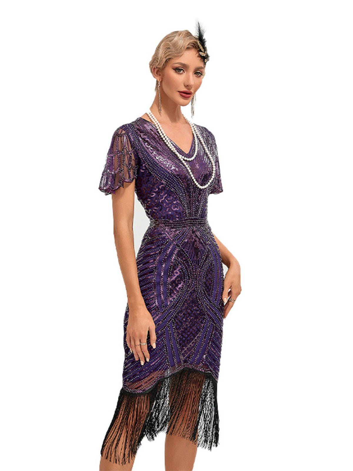 Cap Sleeves Tassel Sequined Dress