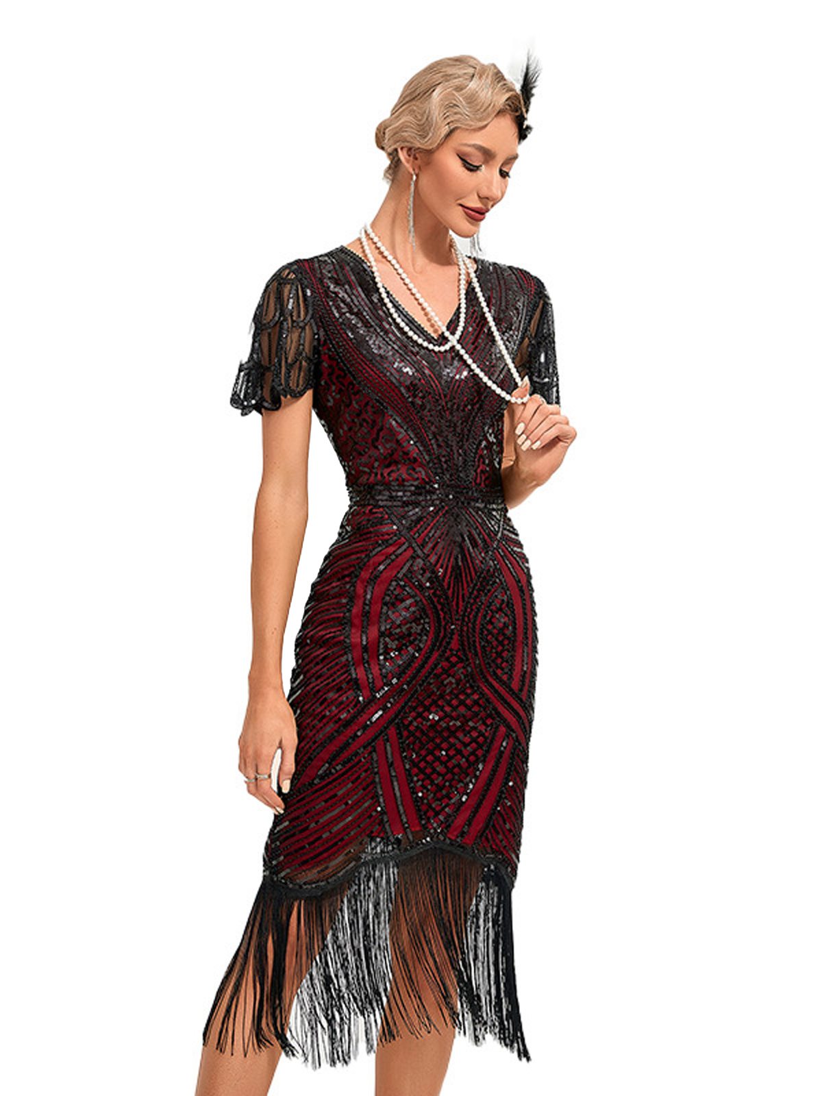 Cap Sleeves Tassel Sequined Dress