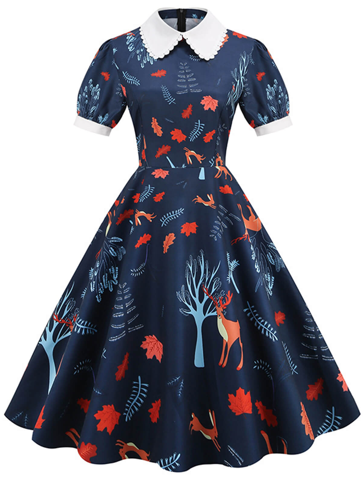 Dark Blue Forest Puff Lapel Dress