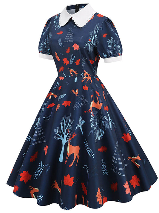 Dark Blue Forest Puff Lapel Dress