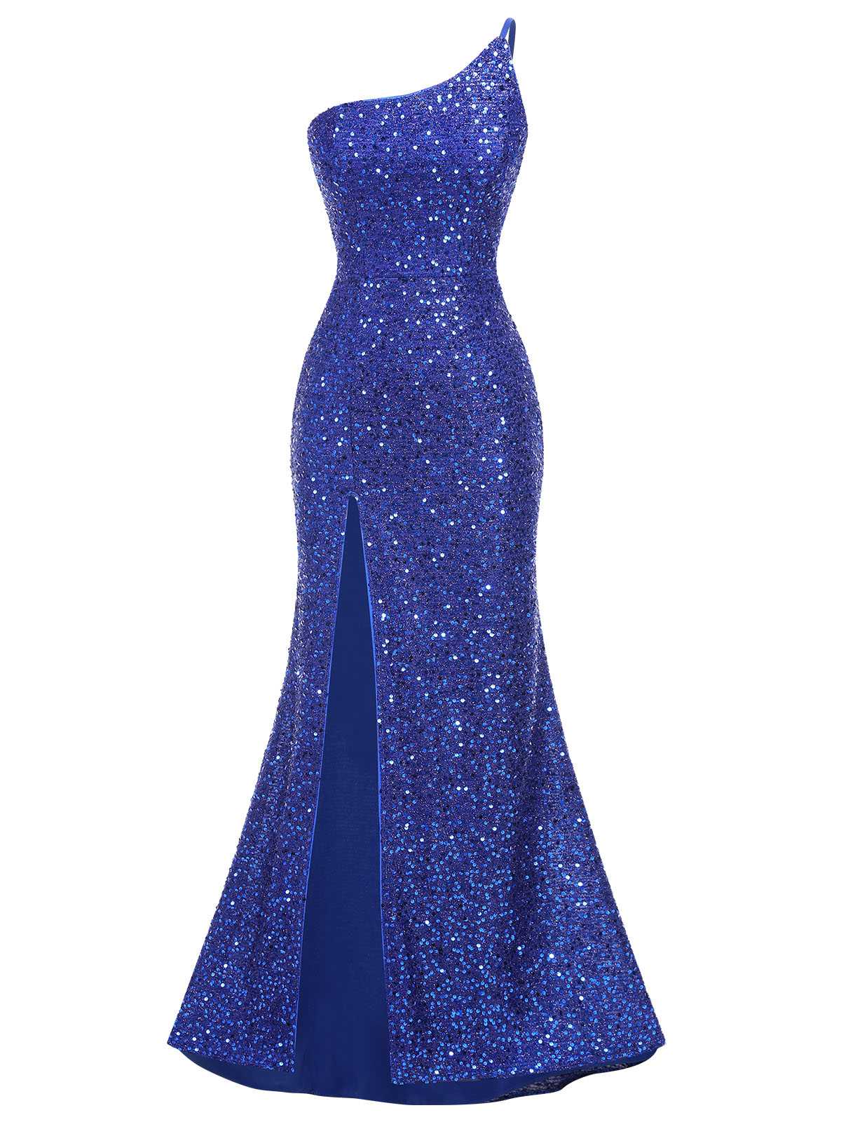 Blue One-Shoulder Sequined Mermaid Dress