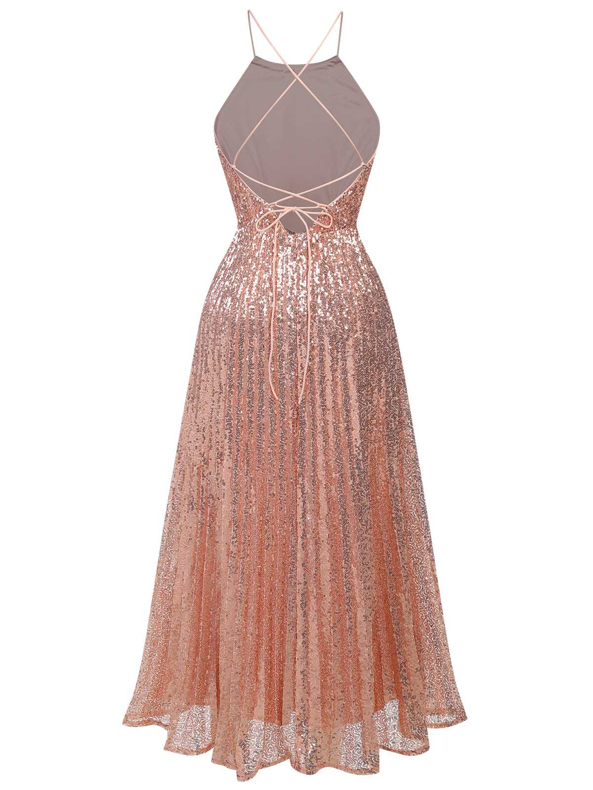 Sequined Backless Halter Dress