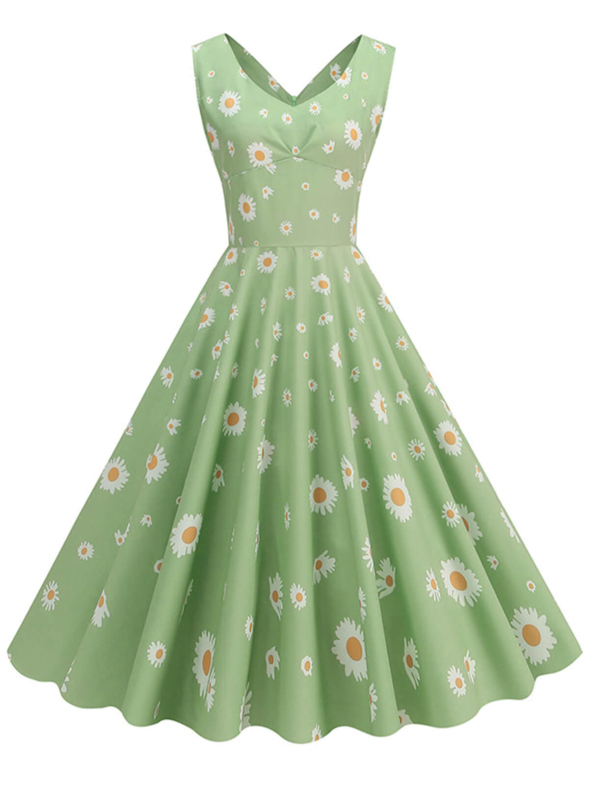 Green Daisy V-Neck Swing Dress