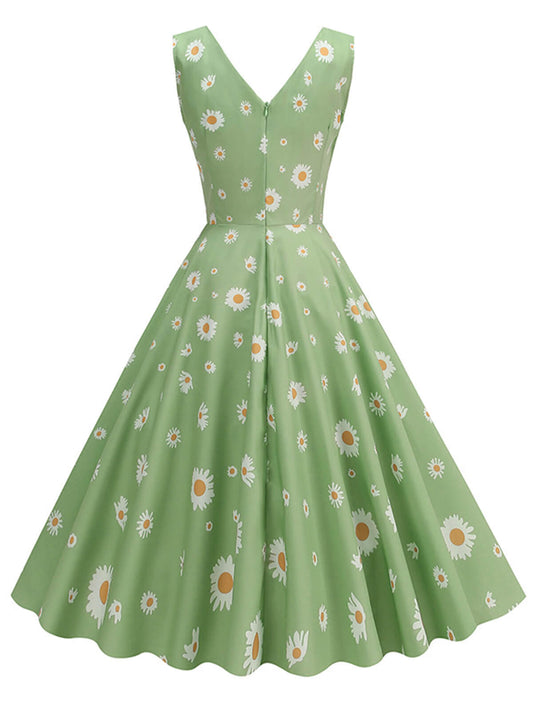 Green Daisy V-Neck Swing Dress