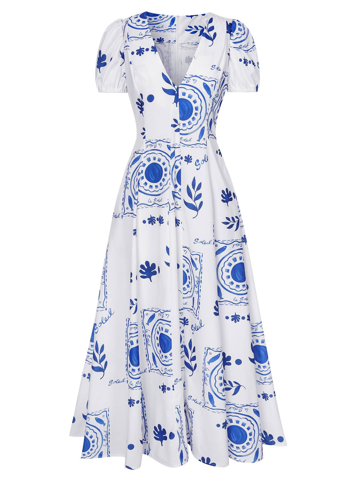 Blue & White Plants Puff Deep V-Neck Dress