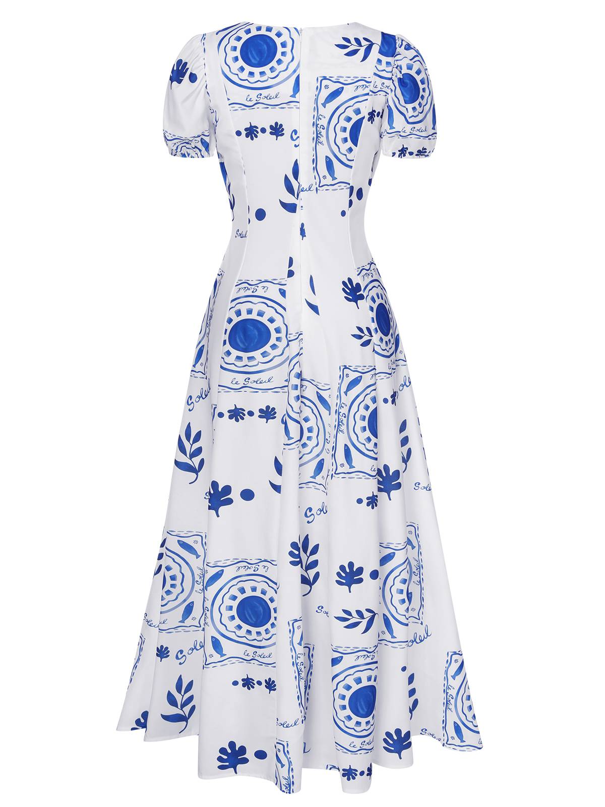 Blue & White Plants Puff Deep V-Neck Dress