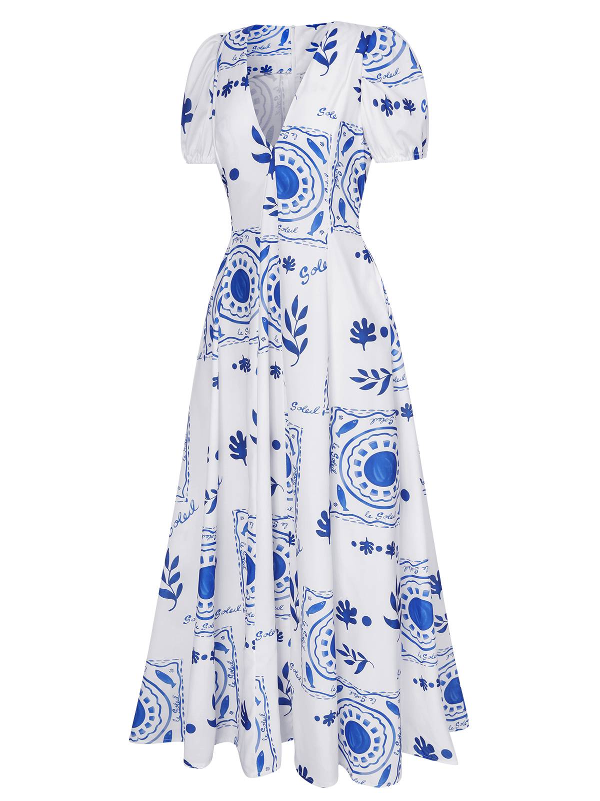 Blue & White Plants Puff Deep V-Neck Dress