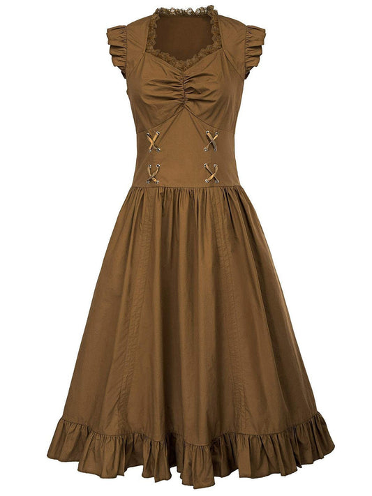 Solid Ruffles Square Neck Steampunk Dress