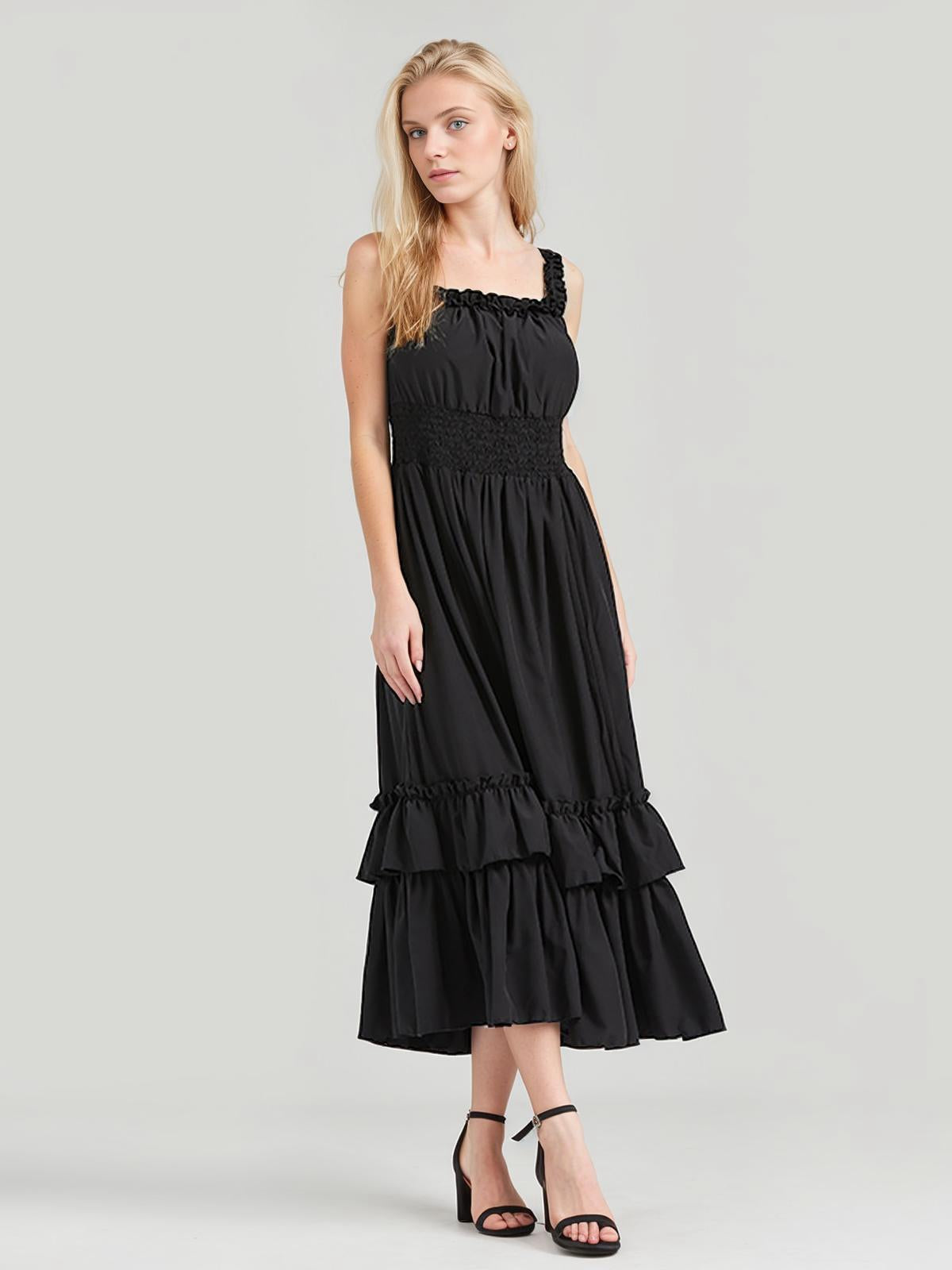 Solid Square Neck Drawstring Layered Dress