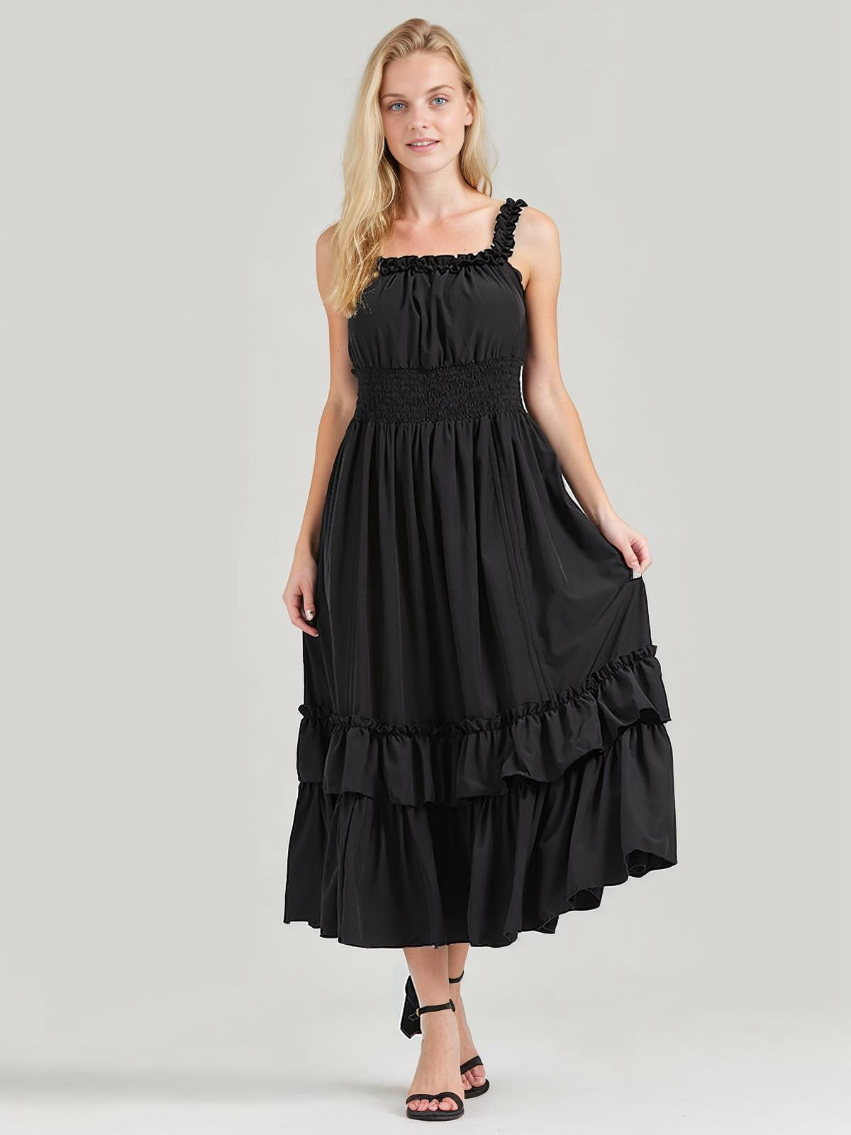 Solid Square Neck Drawstring Layered Dress