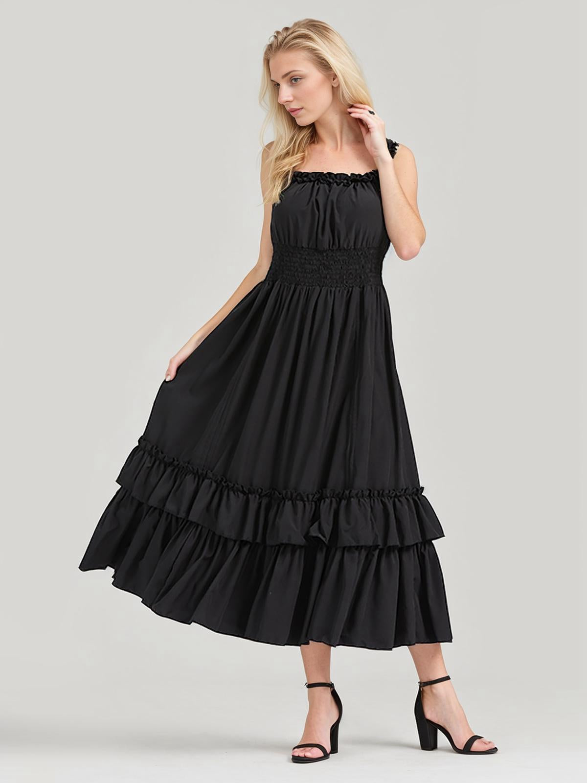 Solid Square Neck Drawstring Layered Dress