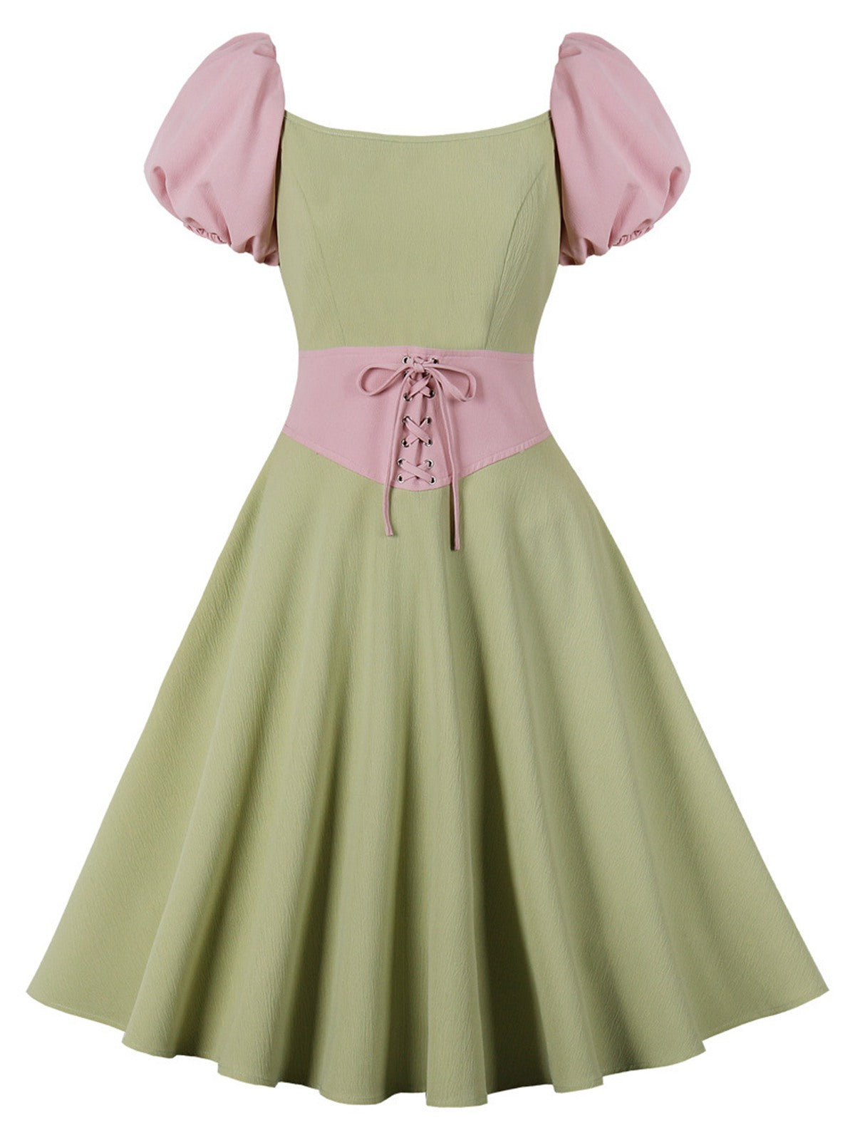 Pale Green Contrast Puff Sleeves Dress