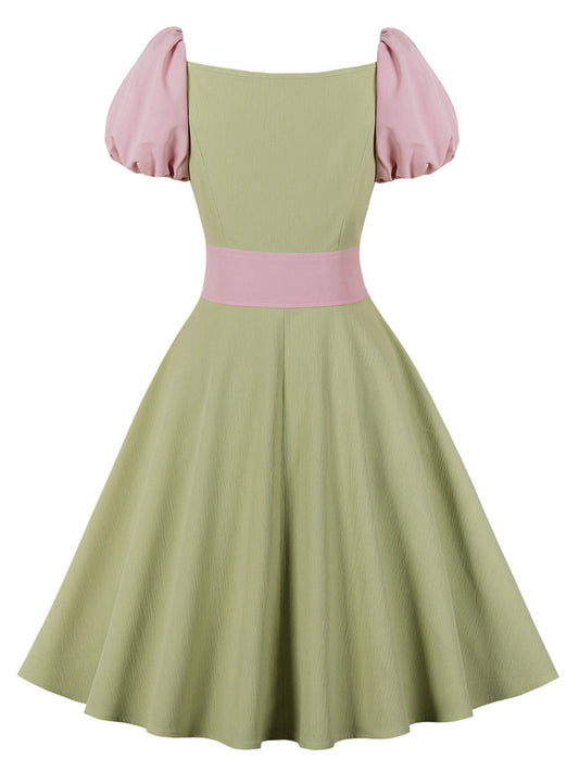 Pale Green Contrast Puff Sleeves Dress