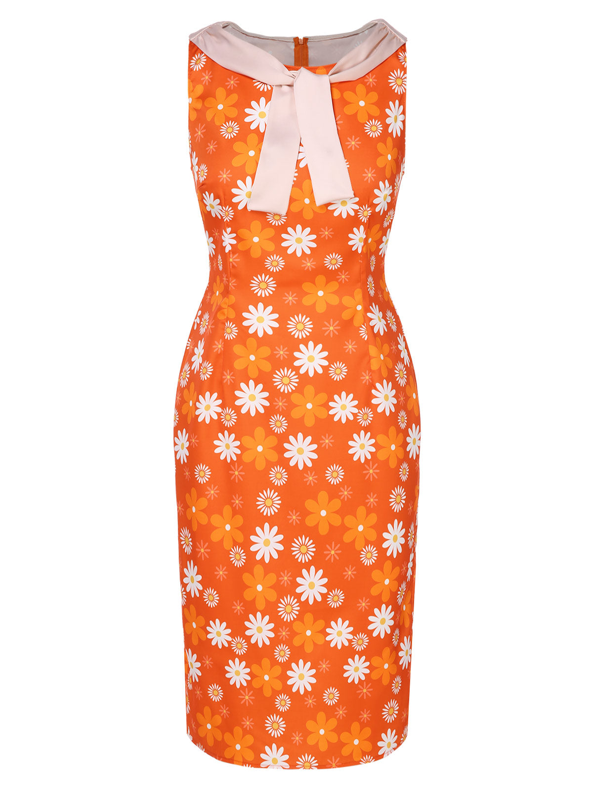 Orange  Tie Neck Floral Sleeveless Dress