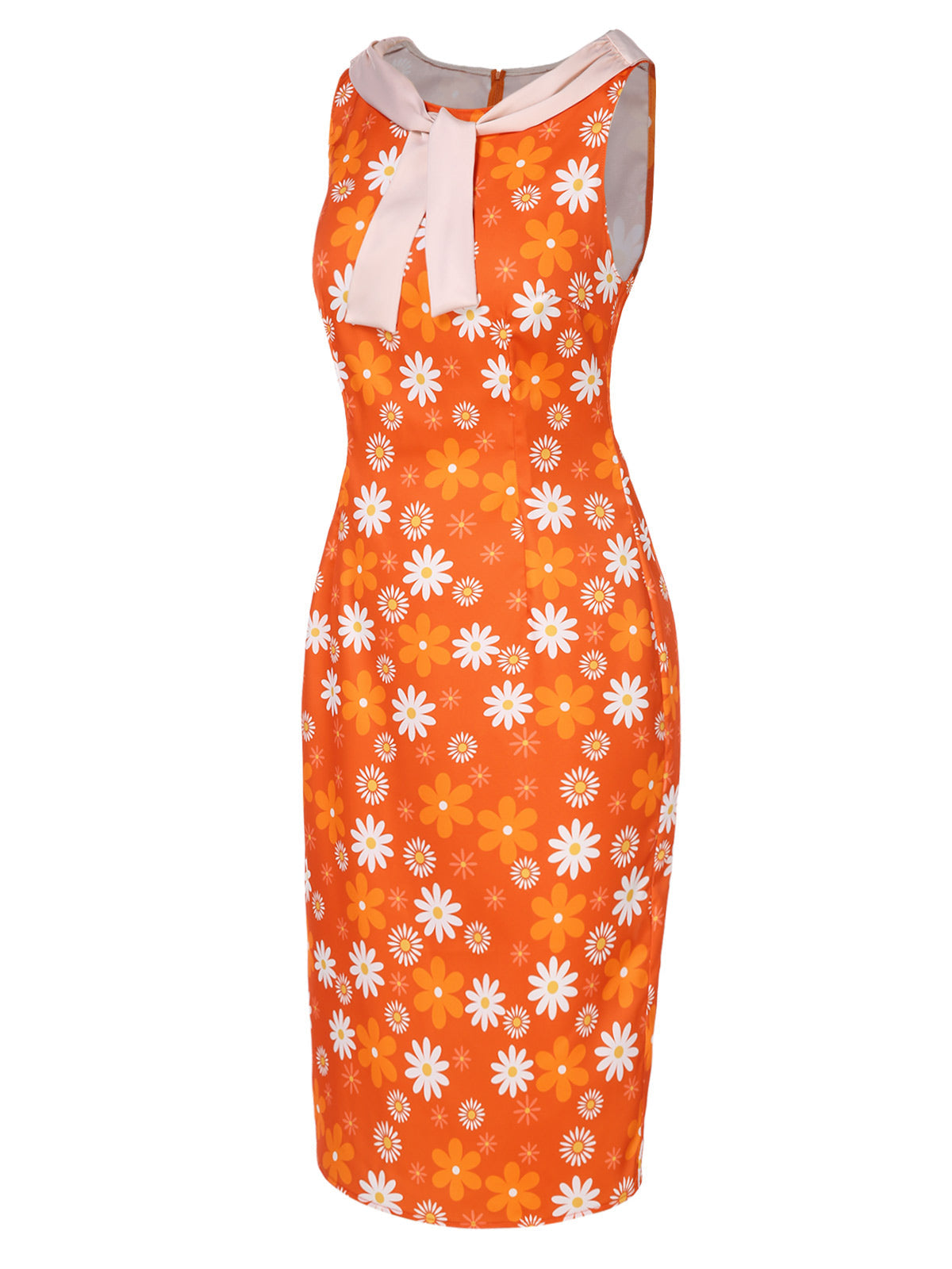 Orange  Tie Neck Floral Sleeveless Dress