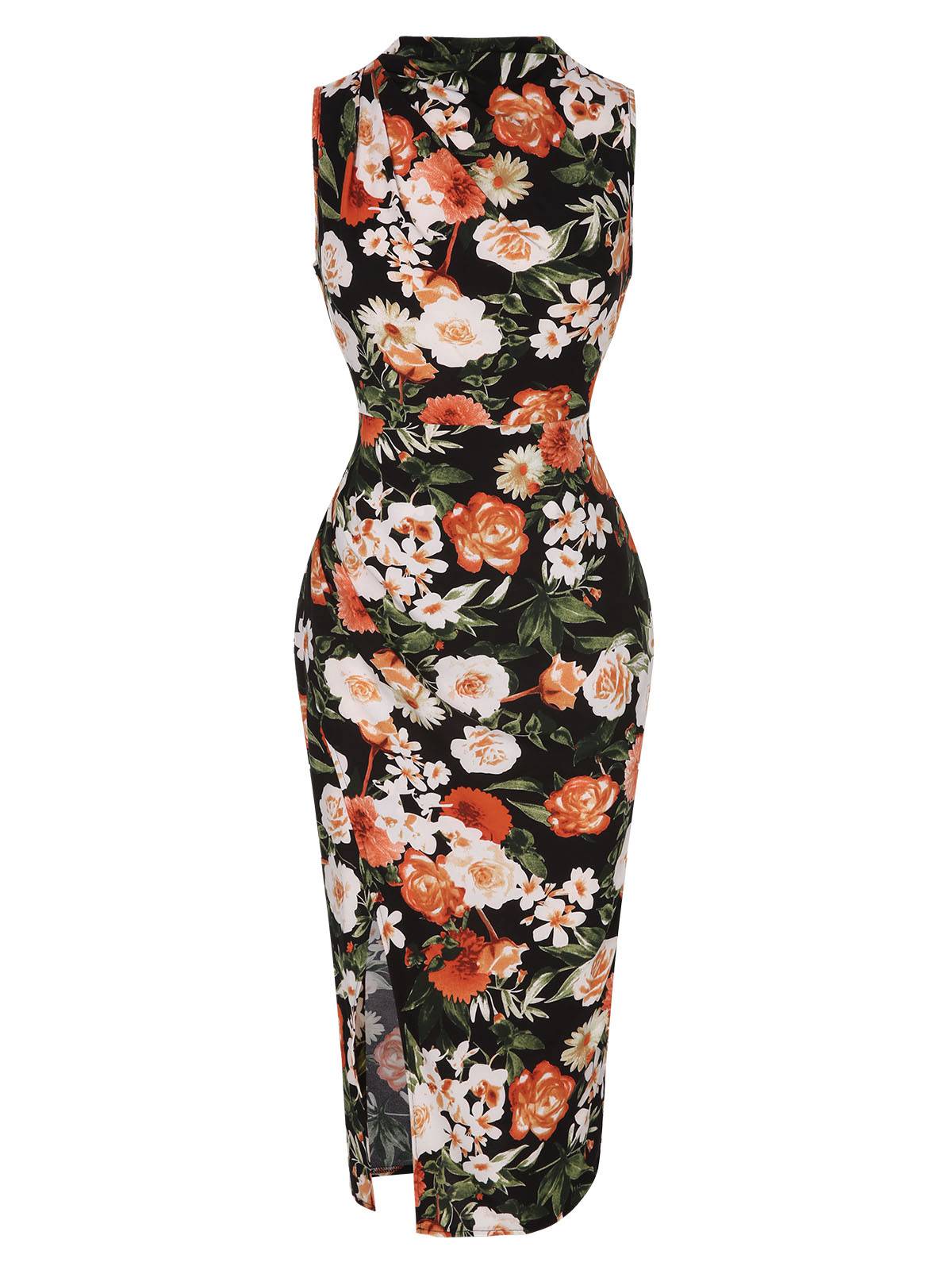 Multicolor  Floral Side Slit Pencil Dress