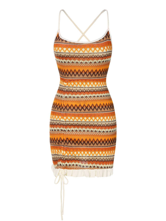 Multicolor  Bohemian Drawstring Knit Straps Dress