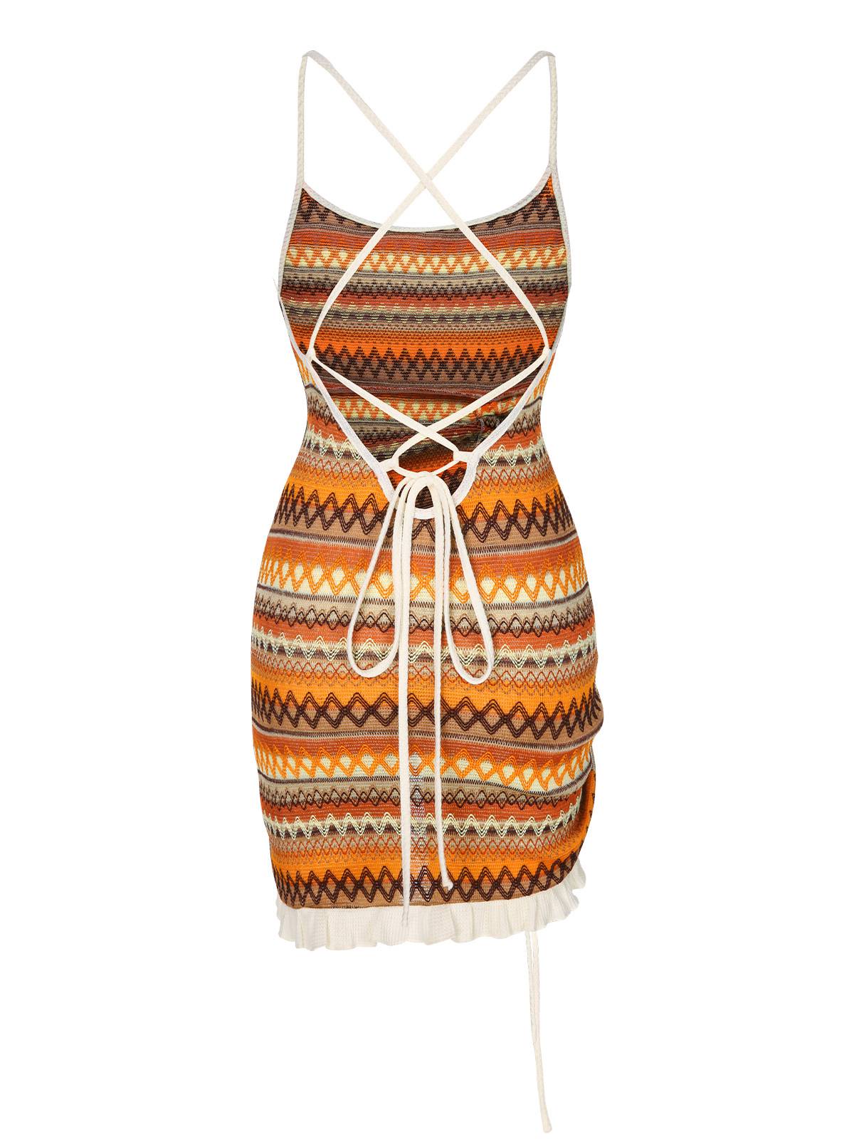 Multicolor  Bohemian Drawstring Knit Straps Dress