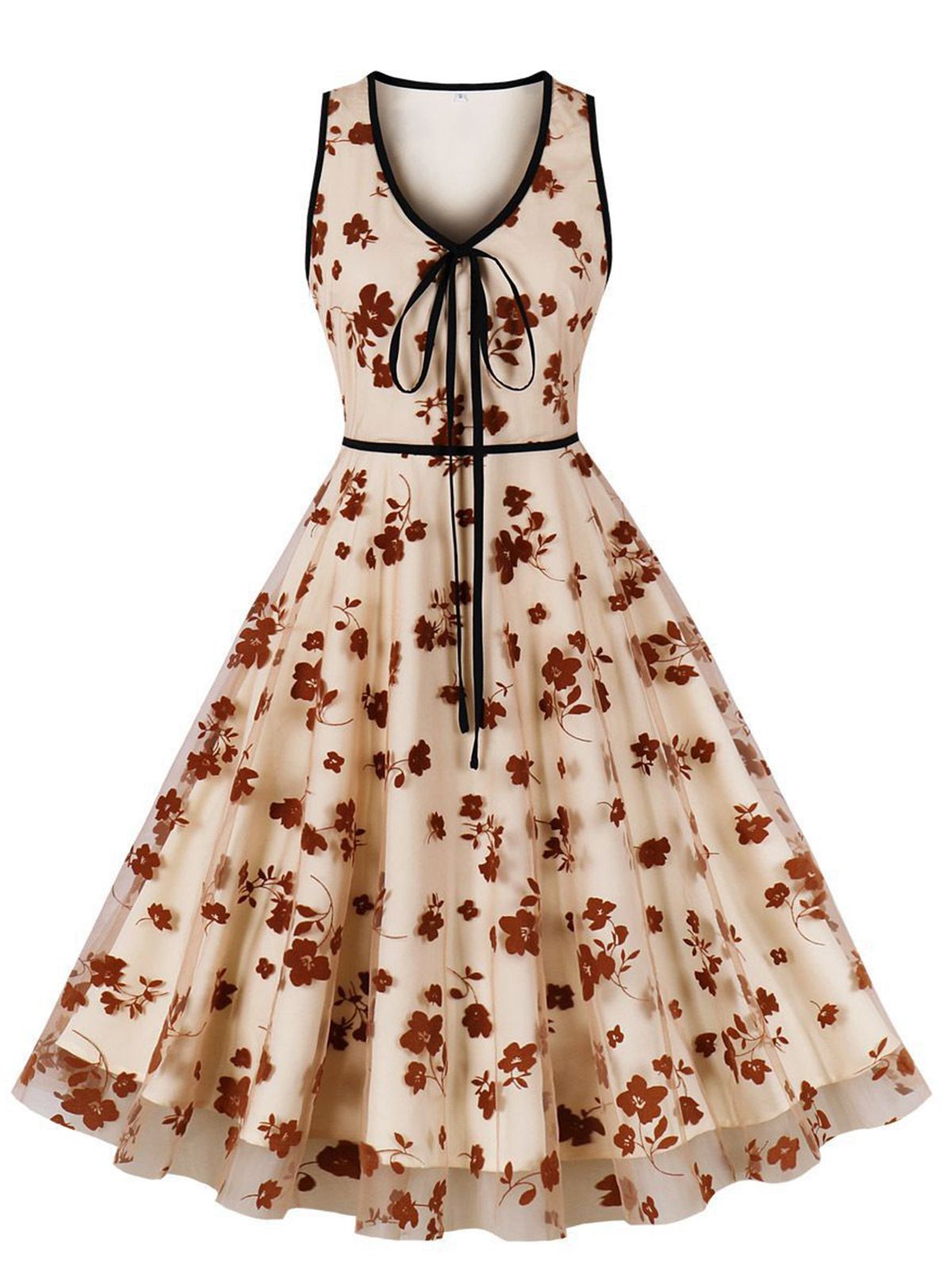 Floral Bow V-Neck Mesh Swing Dress