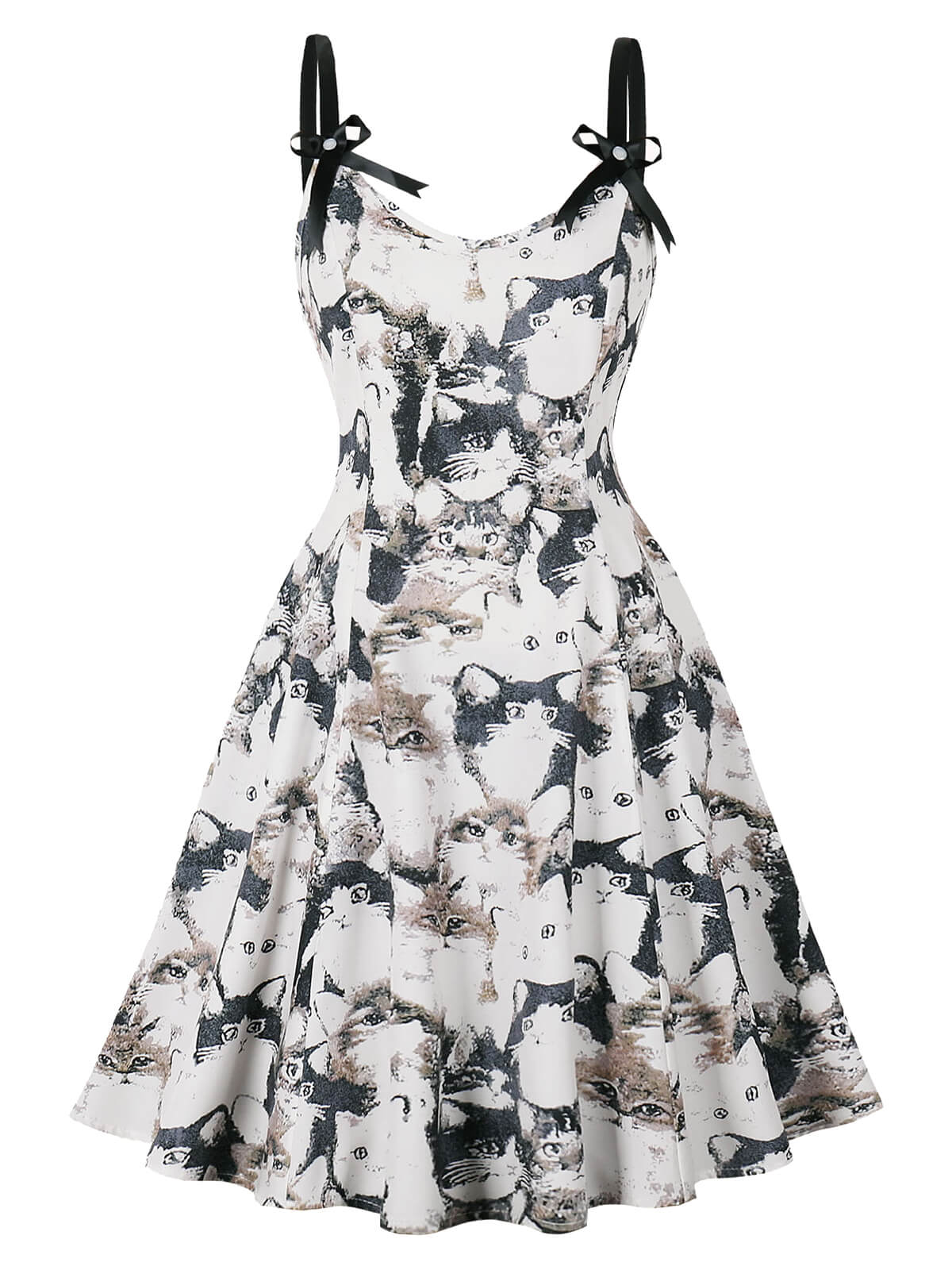 White & Black Cats Print Strap Dress