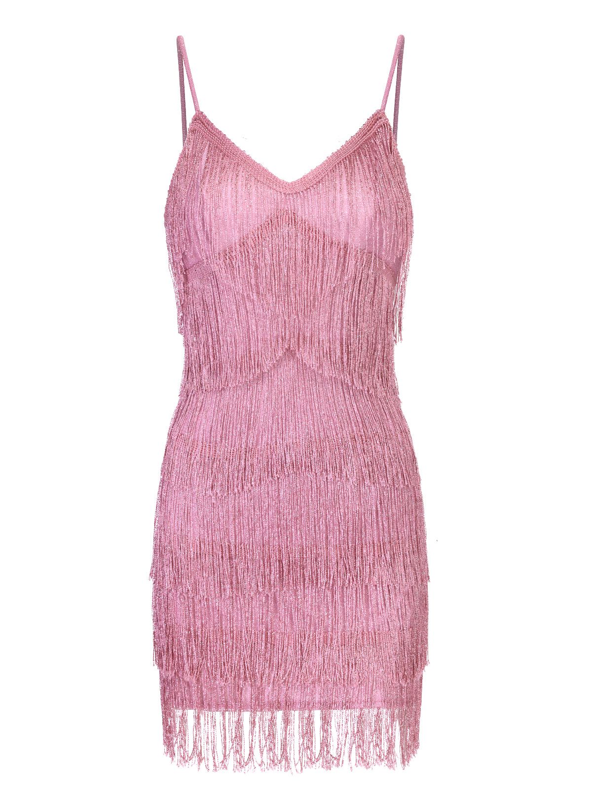 Pink Spaghetti Strap V-Neck Fringe Dress