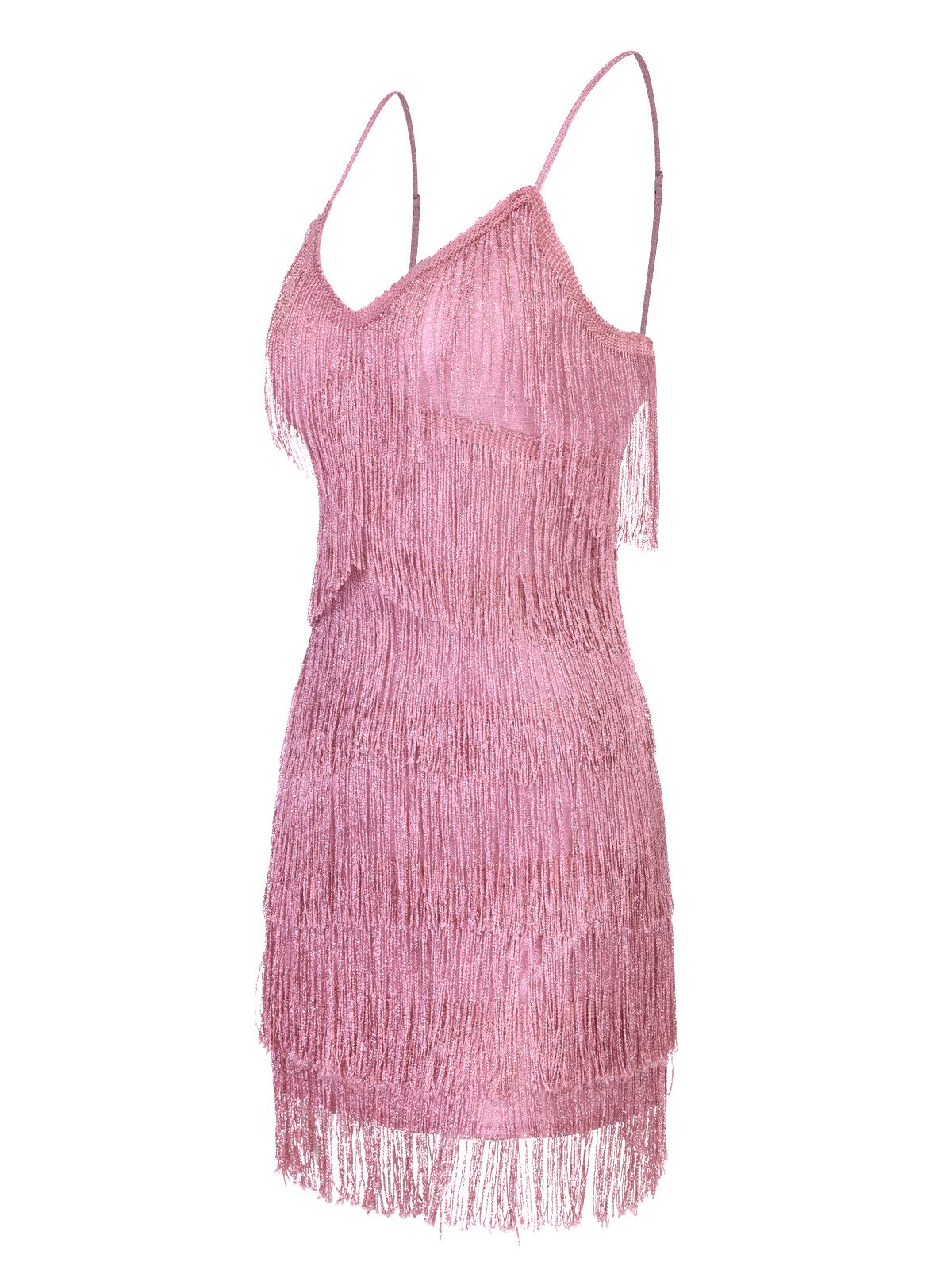 Pink Spaghetti Strap V-Neck Fringe Dress