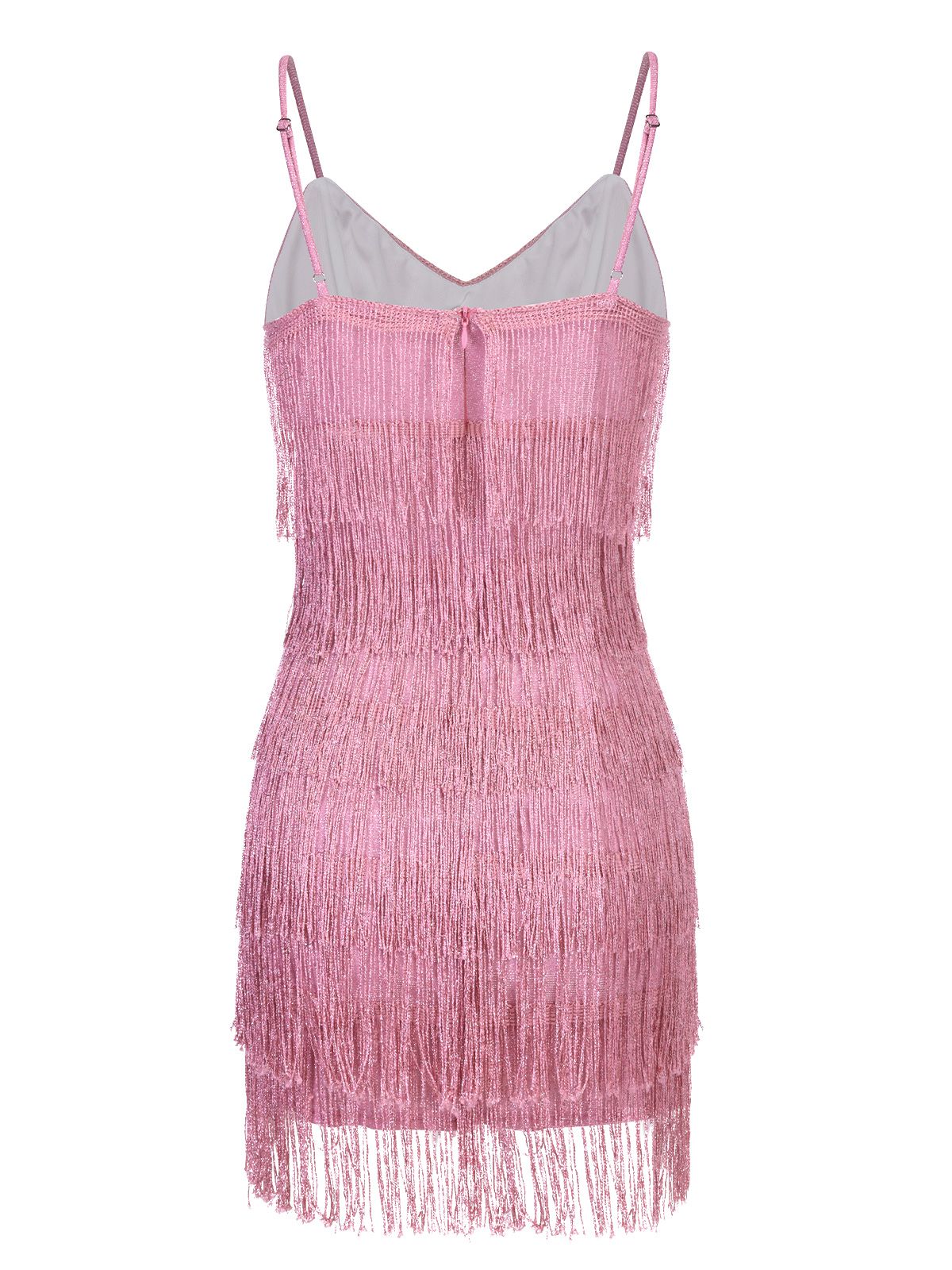 Pink Spaghetti Strap V-Neck Fringe Dress